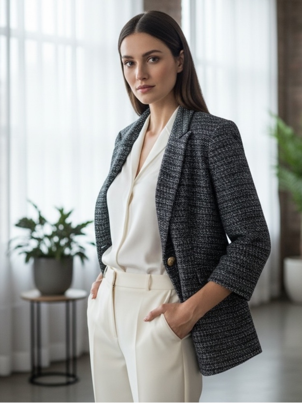 NWT NYCC New York Clothing Co Gray Boucle Tweed Blazer Gold Buttons 3/4 Sleeve L